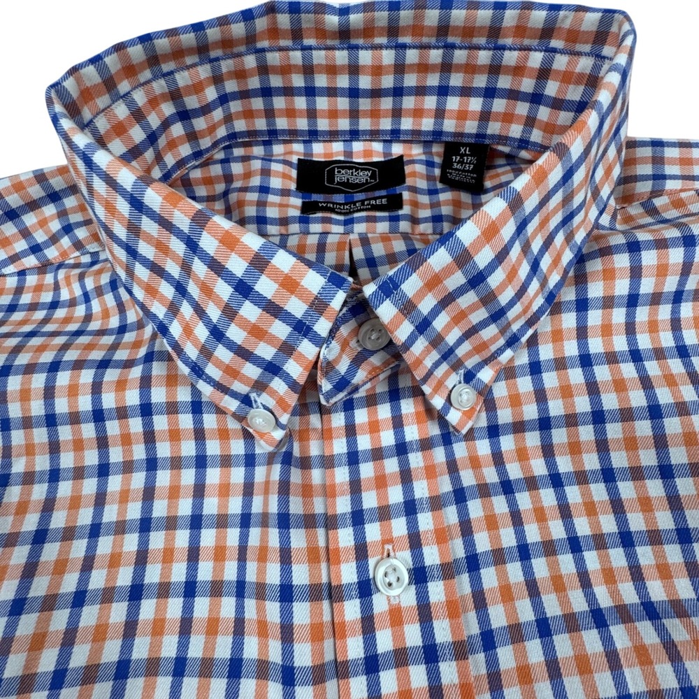 Berkley Jensen Mens XL 17-17½ 36/37 Orange Blue Plaid Button Up Dress Shirt
